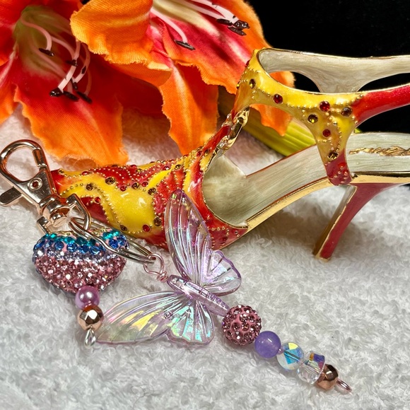 🌹❤️butterfly theme keychain/zipper pull-purse bling-glitter heart - Picture 5 of 10